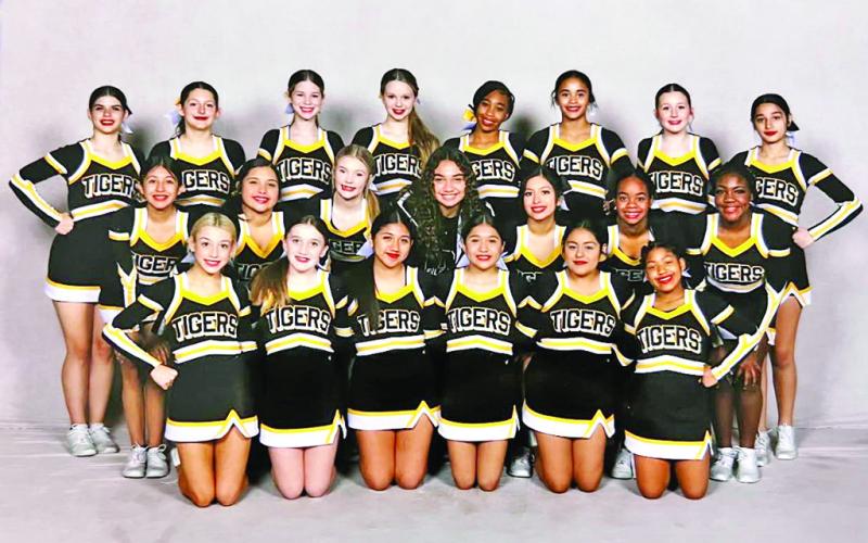 The Mount Pleasant Junior High School Cheerleaders. Top row (L to R) Couri Gruber, Alba Zeqaj, Brooklyn White, Annabeth Sellers, Shannon Hines, Asia Salters, Kenlee Jaggers, Carolyn Pena. Middle Row (L to R) Leslie Hernandez, Ana’liece Guerrero, Jayden Baker, Ava McCrumby, Jocelyn Salinas, Natalie Hines, Alondon Thomas. Front Row (L to R) Carly Horn, Tenley Marshall, Irlanda Gasca, Lia Esguerra, Maritza Estrada, Jasani Inostros COURTESY PHOTOS