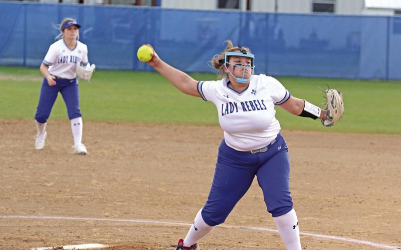 Vickie Torres (front), Logan Huddleston (back) and the Rivercrest Lady Rebels rolled past Saltillo, 23-2. Rivercrest hosted Sulphur Bluff Saturday and will take on Como-Pickton Tuesday evening. TRIBUNE PHOTO / QUINTEN BOYD