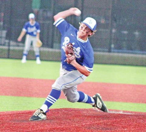 Connor Young fires off a pitch during game one of Rivercrest’s series against Kerens Thursday evening. Young allowed just four hits and striking out seven batters and added three hits, three stolen bases, an RBI and two runs scored offensively. TRIBUNE PHOTO / DI ANA FITZGERALD