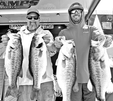 Robert Butler and Brian Mater cracked 31.67 pounds on five bass to take the top spot in the Bass Champs team event held March 15 in Cedar Creek. They won $35,000, including contingency bonuses. The anglers said they caught the winning sack flipping Texas rigs in 3-5 feet of water. (Bass Champs)