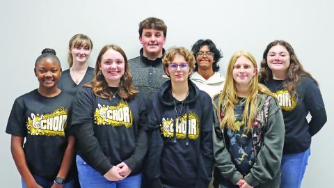 Pictured L to R: Mount Pleasant High School Choir Area qualifiers - Front row (L to R) Aaliyah Gholston, Kristina Tidwell, Sara Vanhoose, Mattie Merriman. Back row (L to R) Hope Powell, Daniel Kimbrough, Hector Sierra-Rosales, Alivia Newman COURTESY PHOTO