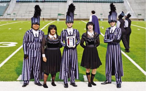 Goin’ Gold Band Drum Majors Colorguard Officers with their Area Finalist plaque (L to R) Jose Fuentes, Jocelyn Marroquin, Shpat Zeqaj, Addison Heeren, Orion Senence COURTESY PHOTO