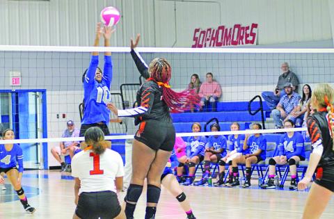 Pewitt’s Taliyah Brown jumps for a block during last Friday’s match against DeKalb. The Lady Brahmas traveled to New Boston Friday and will play at Hooks Tuesday. TRIBUNE PHOTO / QUINTEN BOYD