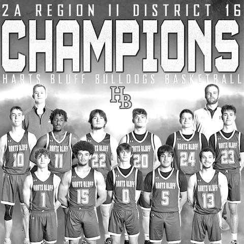 The Harts Bluff Bulldogs clinched this District 16-2A Championship last week with an 11-1 league record and will head into the playoffs at 26-10 overall. Team members are, top row from left to right: Matthew Rowland, Noah Carr, Hunter Green, Kayden Mason, Liam Cobb and Jack Kimball; and bottom row from left: Kason Viramontes, Cayden James, Brodee Carrell, Yonathan Bocanegra and Avyn Carrington. Head Coach is Bradley Lambeth (left) and Thomas Crane (assistant). Not pictured is Jeremiah Adams. COURTESY PHOTO