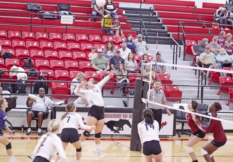 Rivercrest’s Elizabeth Langehennig jumps for a spike during a recent game. The Lady Rebels took on Quinlan Boles Friday evening and will meet Avery next Friday. TRIBUNE PHOTO / QUINTEN BOYD