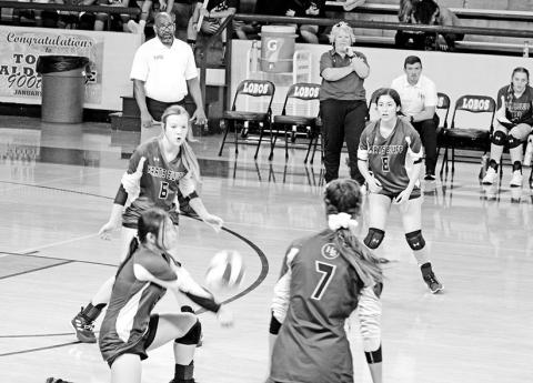 Harts Bluff’s Kaithlin Le gets underneath a ball while teammates (clockwise from left) Kaylee Clay, Anay Solorio and Alexis Gonzalez look on. Harts Bluff will return their entire roster next season in the hopes of adding to their own tradition. TRIBUNE PHOTO / QUINTEN BOYD