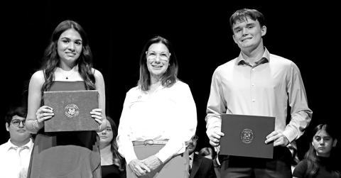 Diya Desai (left) and Tanner Marshall (right) accept the Texas First Congressional Service Awards from Robbin Bass COURTESY PHOTO