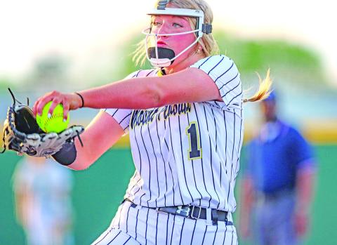 Kammie Terrell delivers to the plate against Hallsville. Terrell recorded her 400th career strikeout on Friday versus the Texas High Lady Tigers.