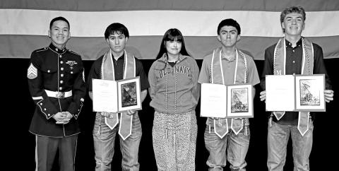 MPHS seniors earning military cords for graduation (L to R) Sergeant Dydasco, Kevin Urbina, Alexandra Velez, Abraham Tolentino, Jacob Holstein Courtesy Photo