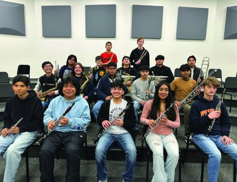 MPHS members of the All-Region Band. First row (L to R) Bryan Garcia, Jose Fuentes, Christopher Sorto, Araceli Solis, Shpat Zeqaj; Second row (L to R) Julian Chancellor, Zoe Newman, Eli Hernandez, Andrew Perez, Nephtali Gonzalez; Third row (L to R) Adriel Bagsic, Orion Senence, Bruno Deleon, Angel Farias, Oscar Castellanos; Fourth row (L to R) Andy Carrillo, Luke Thurman.