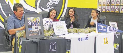 Mount Pleasant soccer player Haylee Martinez signed her letter of intent to play soccer at Texas A&amp;M-Texarkana, last week on her 18th birthday. TRIBUNE PHOTO / QUINTEN BOYD
