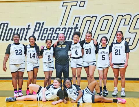 The MPJH 8A Lady Tigers – Back Row: Kenslee Lee, Aubrey Canton, Khiya Bolton, Coach Shelton, Janelle Hurndon, Ava McCrumby, Maliyah Hammons, Rayleigh White. Front Row: Tenley Marshall, Kennedy Jones. (Courtesy photo)