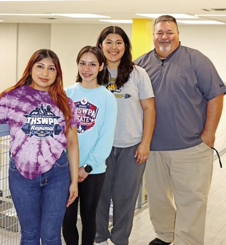 Lady Tiger state qualifiers (L to R) Dori Macedo, Araveli Landaverde, McKinsee Oviedo, Coach Don Woods