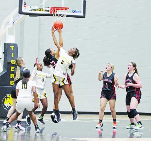 Mount Pleasant’s Aziyah Farrier and Chapel Hill’s Mackenzie Espinoza battle for a rebound during Tuesday’s season opener. The Lady Tigers defeated the Lady Devils, 57-36. TRIBUNE PHOTO / QUINTEN BOYD