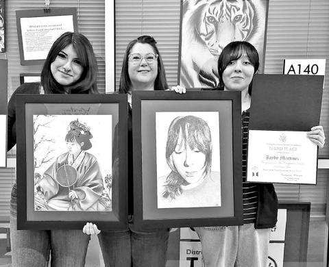 (L to R) Dayanara Pulquero with her piece, Calm Envy, MPHS art instructor Laura Kirkland, Jaydy Martinez with her piece, Color Jaydy in Stipple