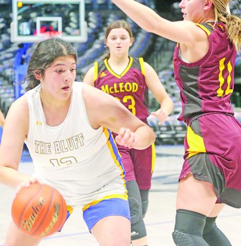 Yaretzi Sanchez drives to the basket against McLeod Wednesday afternoon. The Lady Bulldogs fell in their Court of Dreams game against the Lady Longhorns, 32-14. TRIBUNE PHOTOS / QUINTEN BOYD