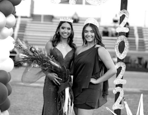 Selena Kelley (left) was named 2022 Rivercrest High School Homecoming Queen during pregame ceremonies Friday night. She is pictured with 2021 Homecoming Queen Kaytie Jane Ballard. TRIBUNE PHOTO / QUINTEN BOYD