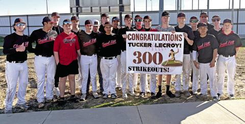 Tucker LeCroy is recognized by his teammates after surpassing 300 career varsity strikeouts during Chapel Hill’s early-season action. Courtesy Photo