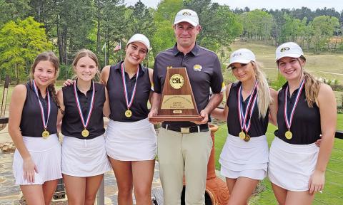 Lady Tiger Golf (L to R) Caroline Currey, Olivia Reed, Sophie Greco, Coach Benny Blaser, Kylee Strickland, and Reese Ball COURTESY PHOTO