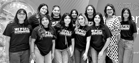 Cosmetology II class members at the Premiere Hair Show in San Antonio. Back row (L to R) Vanessa Ramirez, Tania Rangel, Amy Carrillo, Raquel Martinez, Cosemtology program instructor, Aleshia Rivera, Jennifer Pena. Front row (L to R) Bryanna Nava, Dori Macedo, Yoselin Lopez, Perla Gaytan, Lesly Canada COURTESY PHOTO