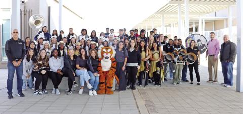 The Fall 2023 Grant Patrol was made up of members of the Goin’ Gold Band, Colorguard, Tiger Dolls, Cheerleaders, and the Mount Pleasant ISD Education Foundation