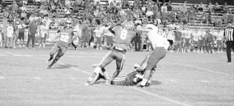 Pewitt’s Deiontray Hill delivers a hit to a Celina receiver as Jack Morris assists on the stop. The Brahmas will take on Hooks to open district play Friday. TRIBUNE PHOTO / QUINTEN BOYD
