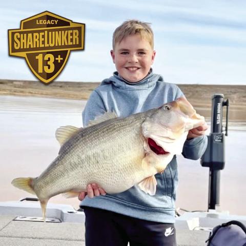 Stetson Davis, 11, displays the 13.31 Legacy Class Toyota ShareLunker he caught on March 6 at Lake J.B. Thomas. The fish is a Junior Angler Water Body record for the 7,600-acre reservoir near Snyder. (Photo courtesy Brodey Davis)