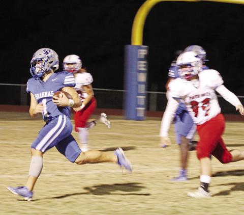 Pewitt’s Hayden Green glides into the end zone during Thursday’s game against Prairiland. The Brahmas’ 16-point win over the Patriots means that Pewitt will claim a playoff spot if they beat Chisum and Redwater loses to DeKalb next week. TRIBUNE PHOTO / QUINTEN BOYD