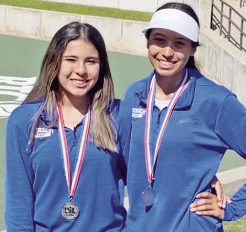 Sisters Diana (left) and Selena Kelley of Rivercrest won the 2A Region II girls’ doubles title at their regional tournament this week in North Richland Hills. The duo will advance to the state tennis tournament at San Antonio’s Blossom Tennis Center April 25. COURTESY PHOTO
