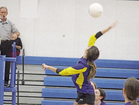 Harts Bluff’s Alexis Gonzalez jumps for a spike during Tuesday’s match at Sulphur Bluff. The Lady Bulldogs open district play Tuesday against Rivercrest. COURTESY PHOTO / DJ SPENCER