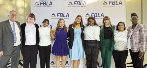 MPHS FBLA Advisors and Officers (L to R) Advisor John Whitten, Reporter Harley Martin, Vice President Gopi Amin, Reporter Kate Ball, Co-President Sophie Greco, Senior Representative Kiara Rundles, Treasurer Hope Powell, Parliamentarian Xitlaly Sanchez, Advisor Shanta Lockett. COURTESY PHOTO