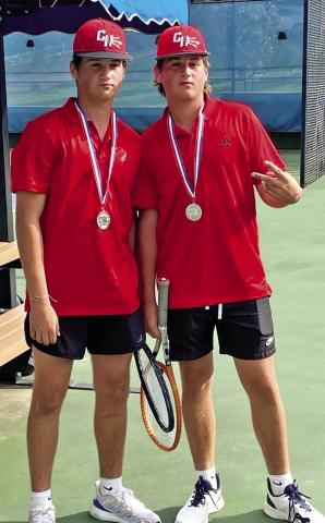 Chapel Hill’s Rhett and Kade Barley finished second in the regional tennis tournament this week to punch their tickets to the state tournament. The Barleys won first in boys doubles in three tournaments this year -- at Ore City, Atlanta and in the district tournament in Quitman. The Barleys will play at the state tournament at San Antonio’s Annemarie Tennis Center April 25-26. COURTESY PHOTO