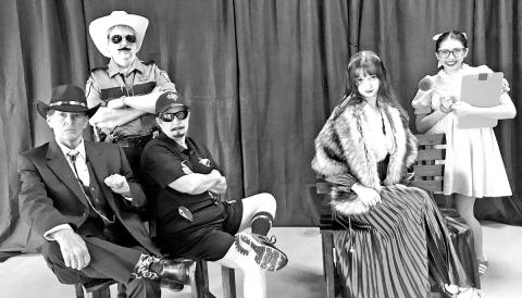 Sheriff Buck Rawlings, Mayor Buford T Smoot, Coach Bobby Ray Craten, diva actress Simone Crawford, and fourth assistant director, Piper Hart Photo by Anne Wilkerson