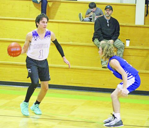 CHAAMP’s Caelan DeLisi prepares to run the offense during last week’s game against Sulphur Bluff. DeLisi finished with 21 points as the Hawks won over the Bears, 69-42. COURTESY PHOTO / DJ SPENCER, SULPHUR SPRINGS NEWS-TELEGRAM