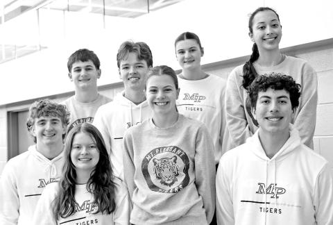 The 2025-2026 MPHS Tiger Swim team Regional attendees (L to R): 1st row Cohen Gillean, Emelia Ethridge, Logan Latiolais, Alessandro Greco. 2nd row George Fite, Hayden Harvill, Ava Fite, Joseline Hernandez Courtesy Photo