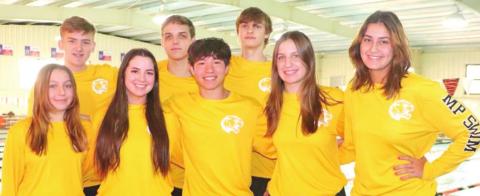 The Mount Pleasant Swim Team (L-R): Kate Ball, Eli Rider, Grelyn Goolsby, Jack Welborn, Hugo Bernardi, Jacob Elliott, Reese Ball, Sophie Greco PHOTOS BY JERILYN GOOLSBY