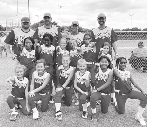 Titus County Allstars 8U – Top Row: Fred Porterfield, Brad Lowry, Whit Scoggins, Will Scoggins, Jason Bell. Middle Row: Mallory McCoo, Darlecia Williams, Karli Lowry, Claire Scoggins, Skye Thomas, Tess Scoggins. Bottom Row: Bryleigh Porterfield, Chaney Bell, Kenley Cochran, Jentrie Wilbanks, Jaylee Avilez, Jariyah Brown. COURTESY PHOTO