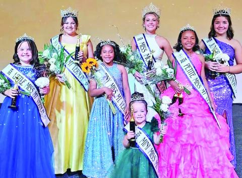 2024 title holders gathered for a photo after the pageant. Division winners were: first row – center, Hazleigh Davila; second row, left to right, Khloe Smith, Brently Maull, Jaylee Ware; and back row, left to right, Kolbi Baze, Addison Ingram, and Lillie Ann Ellis. COURTESY PHOTO