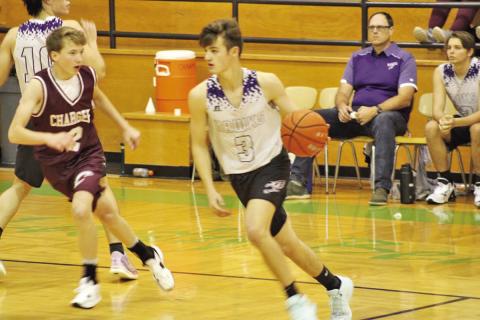 CHAAMP’s Drew Wigley dribbles to the top of the key to start a play with Connor Pendergast of ETHS defending. Wigley finished with 14 points and went 4/5 from beyond the three point arc.