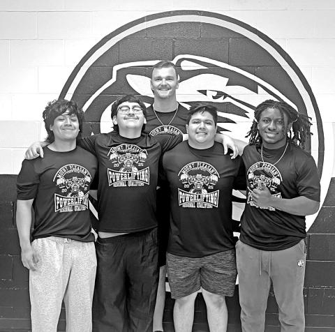 Tiger Powerlifting Regional Qualifiers (L to R) Luis Alvarado, Bruno De Leon, Coach Blake Lodes, Jose Gonzalez, Juymill Lewis COURTESY PHOTO