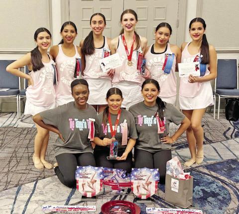 The 2023-2024 Tiger Doll Officers and Sergeants with their camp awards. Front Row L to R: Senior Lieutenant Makayla Spigner, Captain Genevieve Rubio, and Junior Lieutenant Jalyssa Aguilar. Back Row L to R: Sergeant Valeria Vega, Sergeant Violet Castaneda, Sergeant Morgan Zepeda, Head Sergeant Audrey Fisher, Sergeant Haley Garcia, and Sergeant Jamie Garrett COURTESY PHOTO
