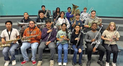 MPJH members of the 2023 All-Region Band. 1st row (L to R) Isaac Diaz, Jose Olivares, Joshua Pantoja, Angela Ramirez, Nancy Gil, Drason McDaniel, and Evelyn Whisenhunt. 2nd row (L to R) Maria Beltran, Dylan Cigarroa, Jesus Mata, Angel Palacios, and Zachary Newman. 3rd row (L to R) Jose Lucio, Sondryce Wilder, Mario Hernandez, and Cullen Hunnicutt COURTESY PHOTO