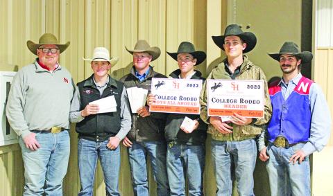 (L to R) Coach Justin Hampton, Gage Schweer, Coy Evans, Parker Jones (All Around-Champion), Kelon Andrews (Team Roping Header Champion), and Josh Stephenson COURTESY PHOTO