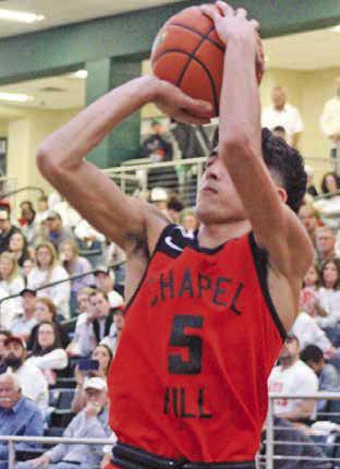 Chapel Hill’s Caden Martinez hoists a shot during Friday’s regional semifinal against Ponder in Prosper. The Red Devils’ season ended at 35-2 with a high ranking of fourth in Class 3A. TRIBUNE PHOTO / QUINTEN BOYD