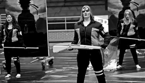 JVB members (L to R) Alheli Ramirez, Isabella Furnish, and Katherine Thurman perform their show, “Monster”, based on the anime series, Naruto, at the North Texas Colorguard Association Cadet and Novice Championships COURTESY PHOTO