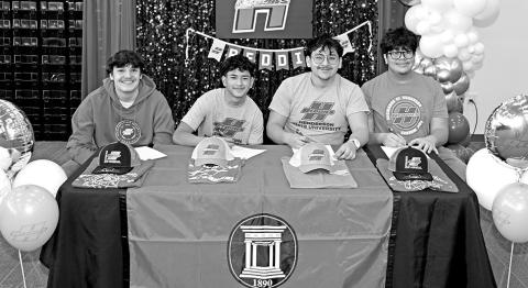 MPHS seniors sign with Henderson State University Band (L to R) Isaac Jetton, Edward Moya, Bruno DeLeon, Anthony Gonzalez Photo by John Whitten