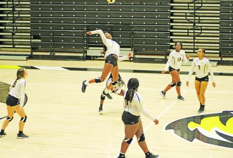 Mount Pleasant’s Aziyah Farrier jumps for a spike during the Lady Tigers’ match against Paris Friday. TRIBUNE PHOTO / QUINTEN BOYD