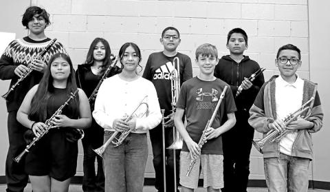 MPJH members of the 2024 All-Region Band: 1st row (L to R) Cristal Leyva, Hannah Martinez, Nathan Standefer, David Rojas. 2nd row (L to R) Joshua Pantoja, Jimena Aguado, Julian Herrera, Julian Chavez. COURTESY PHOTO