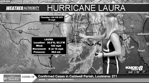 Sheena Lodes covering Hurricane Laura that hit the ArkLaMiss in 2020 COURTESY PHOTO