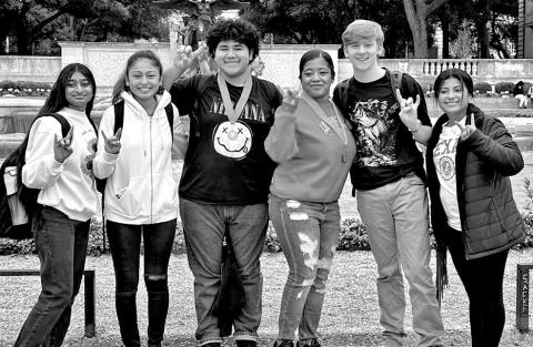 MPHS Speech and Debate team members at UT Austin (L to R): Gopi Amin, Angelina Hernandez, Anthony Orellana, Madeline Tumey-Simmons, Elijah Rider, Merlin Cardona COURTESY PHOTO